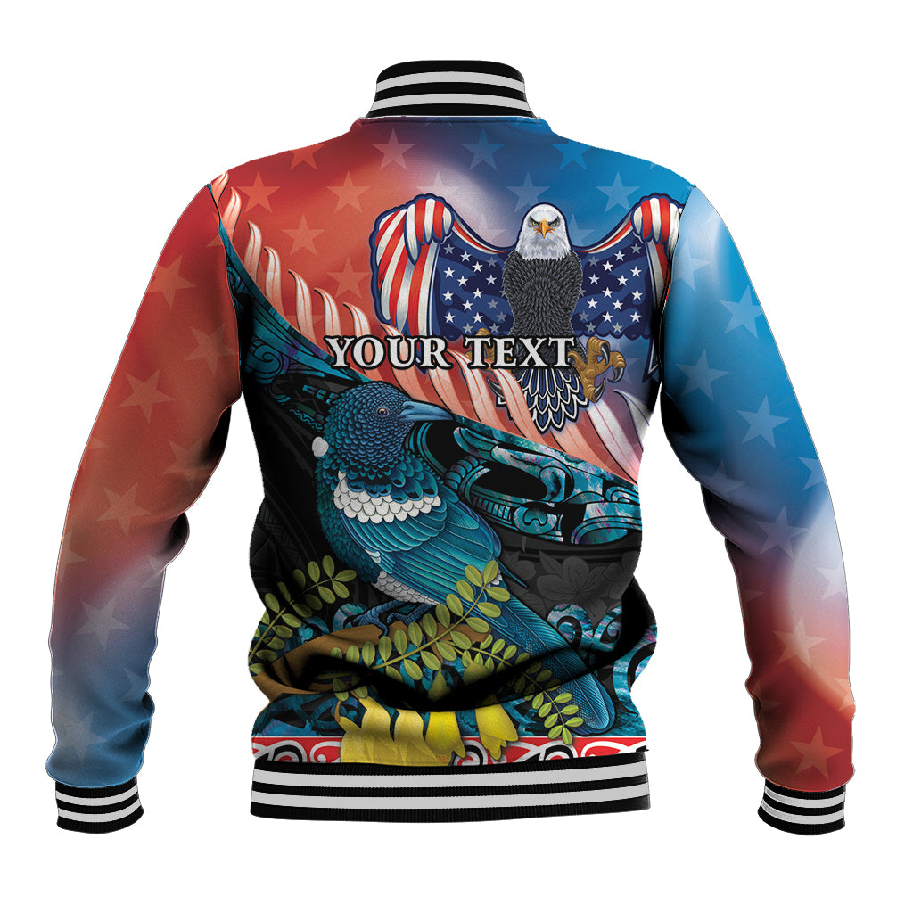 Personalised United States And New Zealand Baseball Jacket USA Eagle With Kowhai Aotearoa Tui Bird