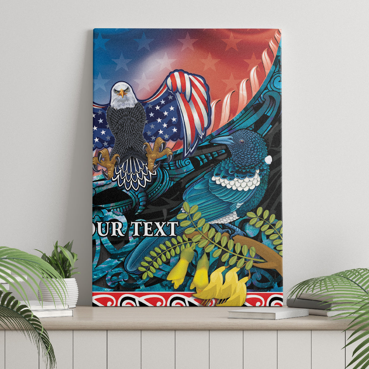 Personalised United States And New Zealand Canvas Wall Art USA Eagle With Kowhai Aotearoa Tui Bird