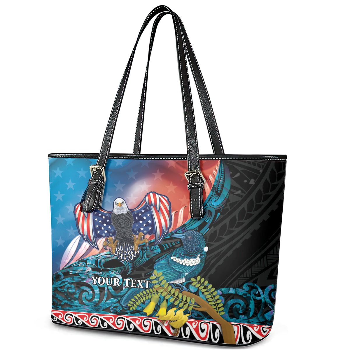 Personalised United States And New Zealand Leather Tote Bag USA Eagle With Kowhai Aotearoa Tui Bird