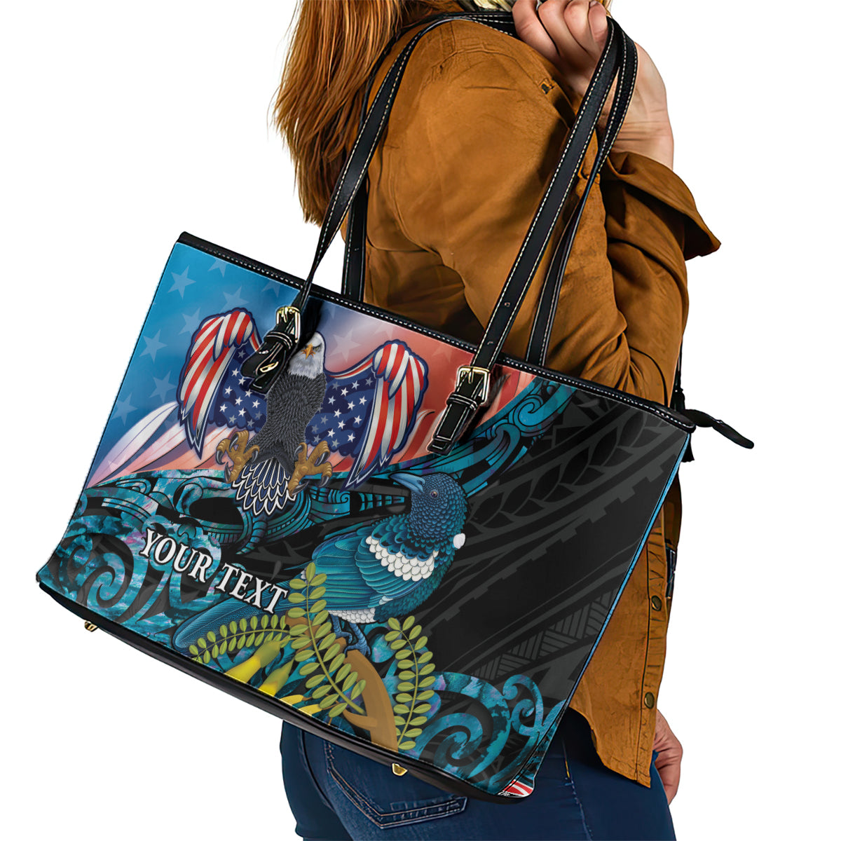 Personalised United States And New Zealand Leather Tote Bag USA Eagle With Kowhai Aotearoa Tui Bird