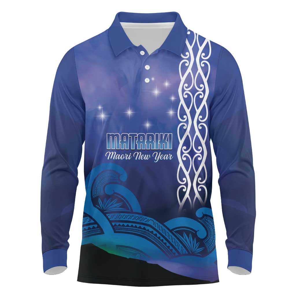 Personalised Matariki New Zealand Long Sleeve Polo Shirt Maori New Year Galaxy Koru Pattern