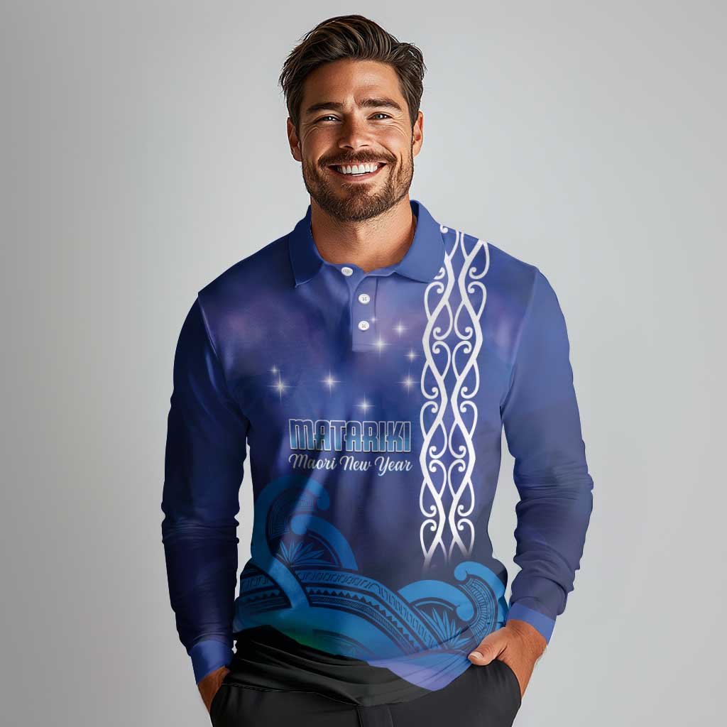 Personalised Matariki New Zealand Long Sleeve Polo Shirt Maori New Year Galaxy Koru Pattern