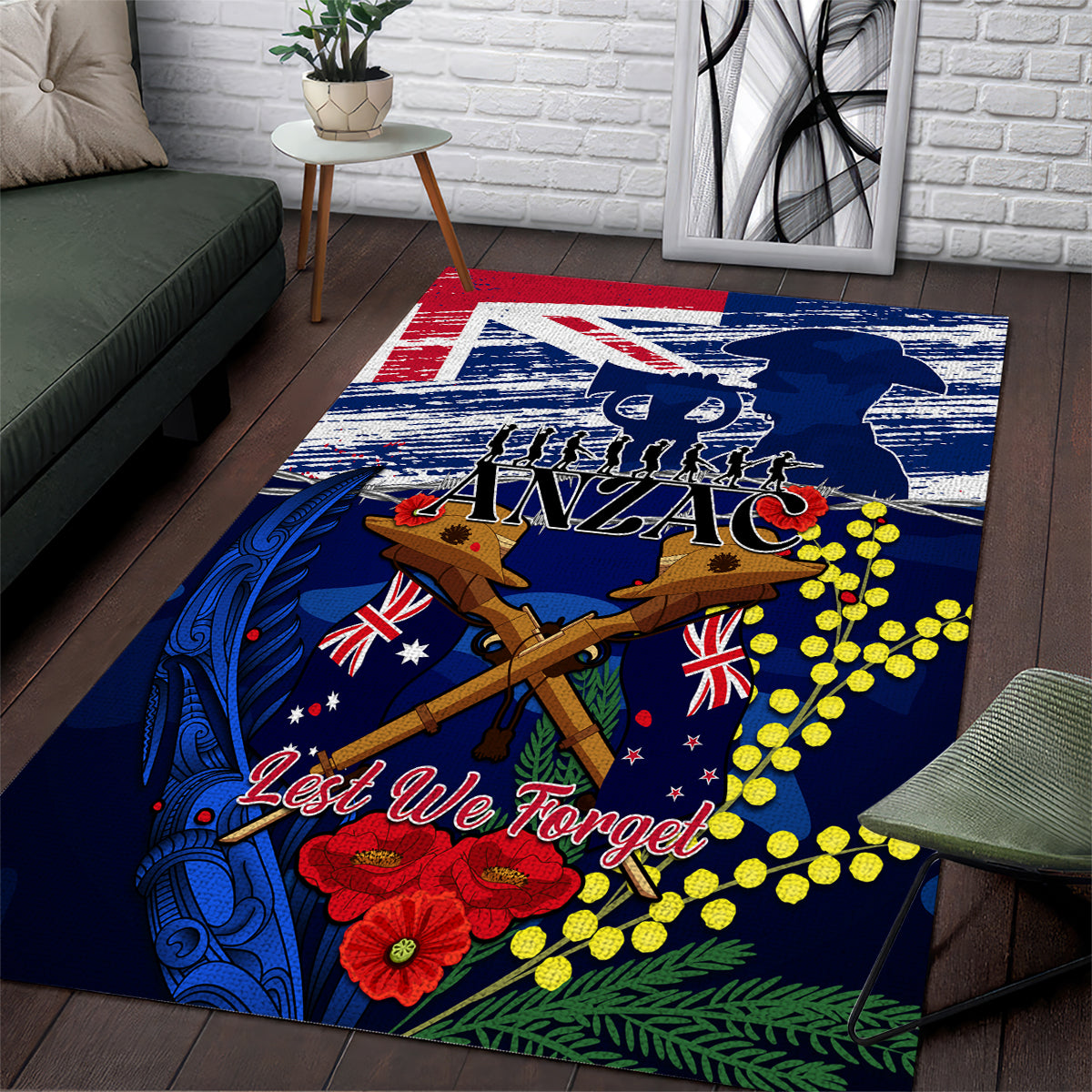 australia-and-new-zealand-anzac-day-area-rug-lest-we-forget-silver-fern-with-golden-wattle