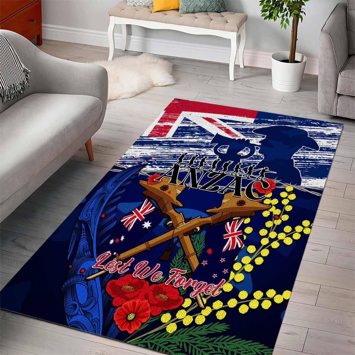 australia-and-new-zealand-anzac-day-area-rug-lest-we-forget-silver-fern-with-golden-wattle