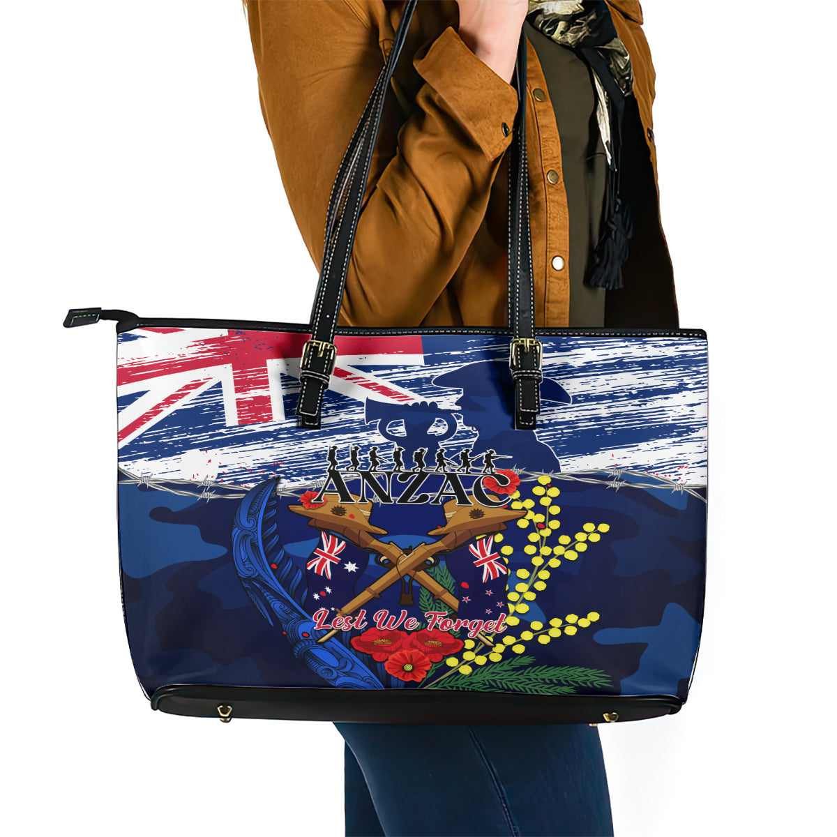 australia-and-new-zealand-anzac-day-leather-tote-bag-lest-we-forget-silver-fern-with-golden-wattle