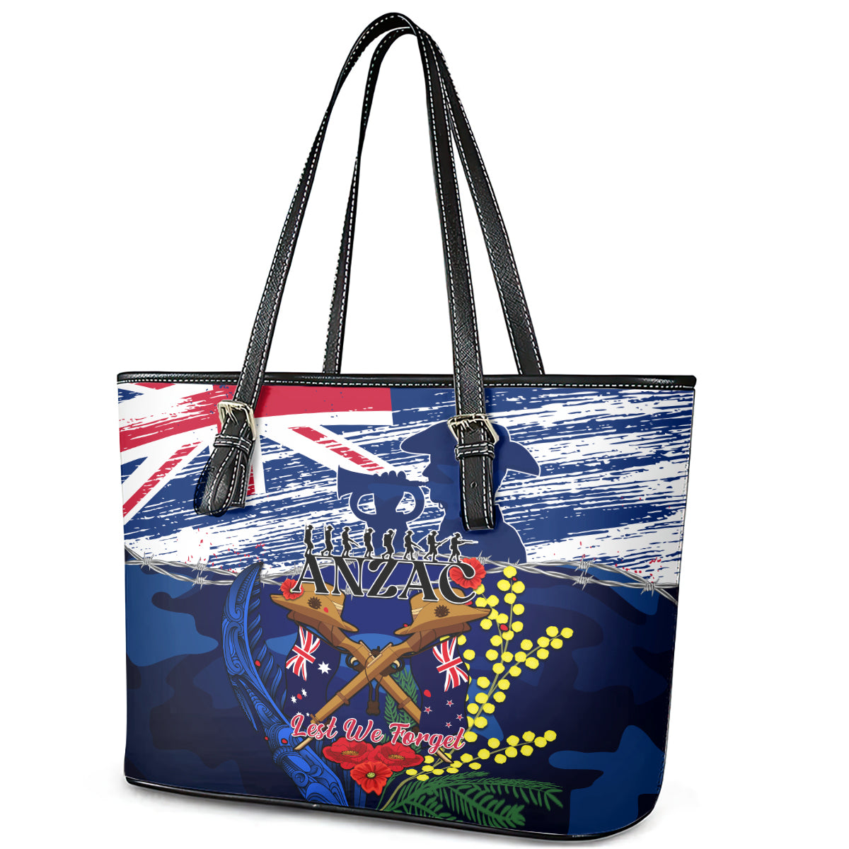 australia-and-new-zealand-anzac-day-leather-tote-bag-lest-we-forget-silver-fern-with-golden-wattle