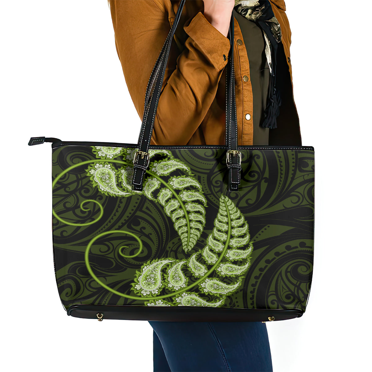 green-new-zealand-paisley-silver-fern-leather-tote-bag-aotearoa-maori