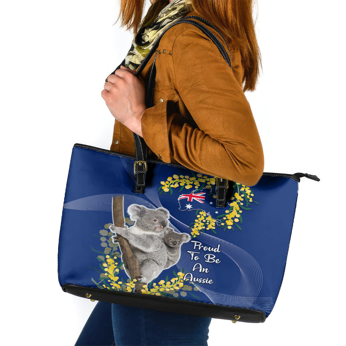 Australia Day Leather Tote Bag Proud To Be An Aussie Koala With Map Golden Wattle