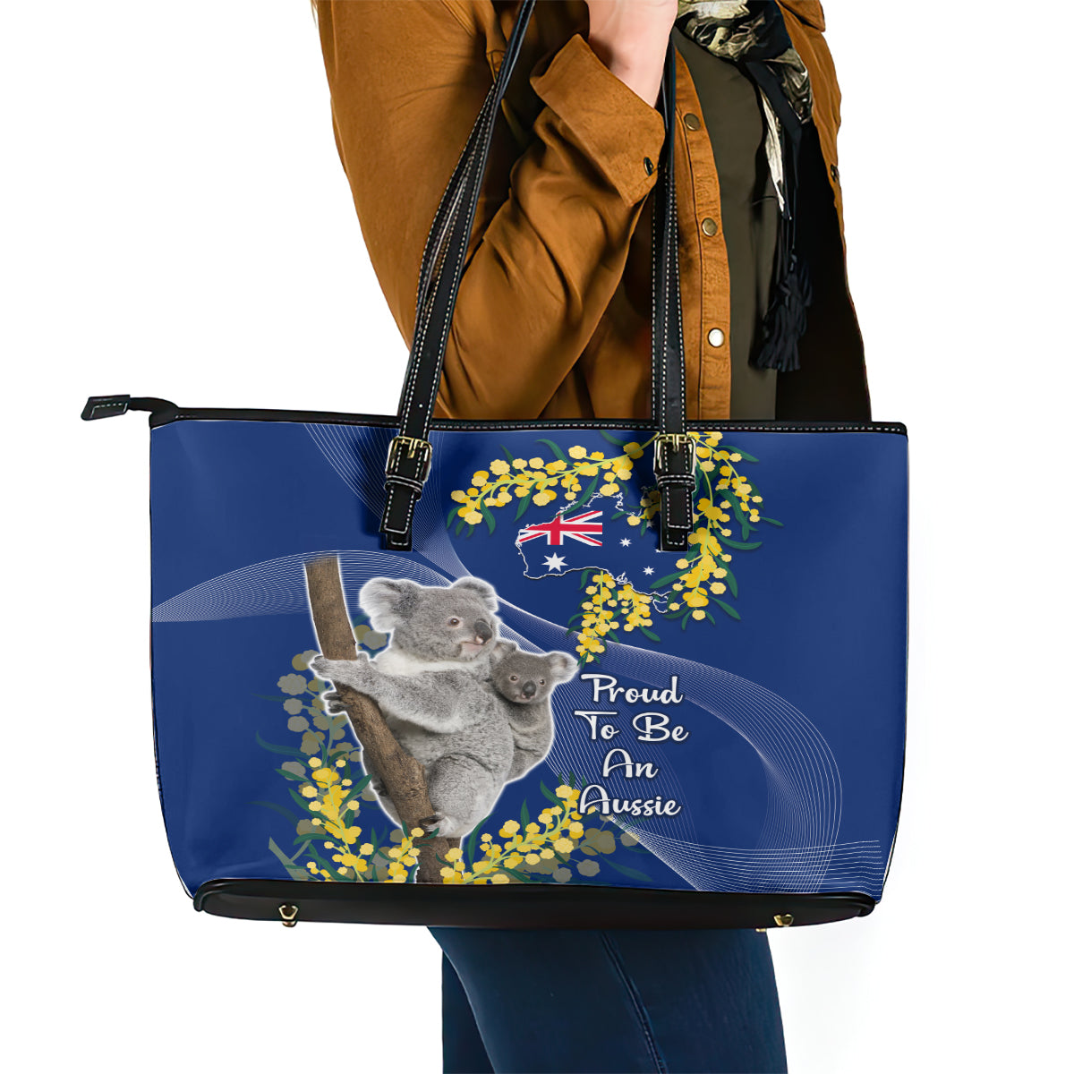 Australia Day Leather Tote Bag Proud To Be An Aussie Koala With Map Golden Wattle