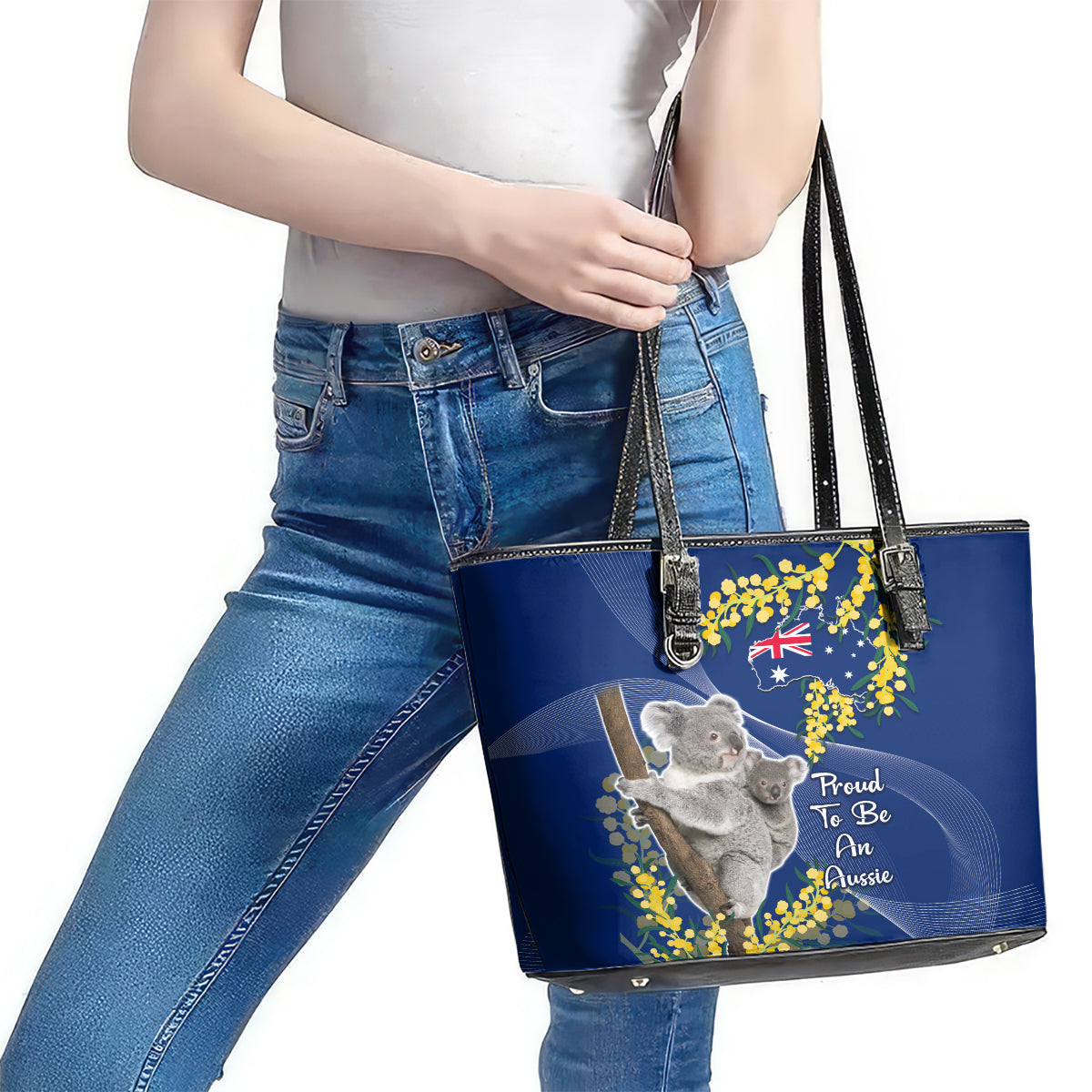 Australia Day Leather Tote Bag Proud To Be An Aussie Koala With Map Golden Wattle