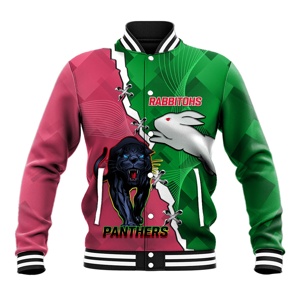 Personalised Panthers And Rabbitohs Rugby Baseball Jacket 2024 Souths The Riff Together