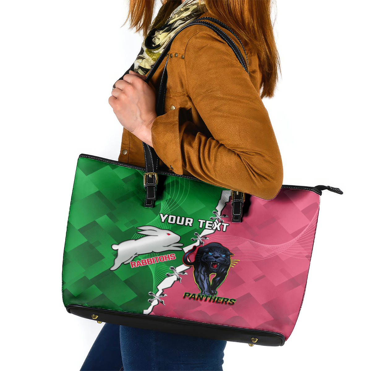 Personalised Panthers And Rabbitohs Rugby Leather Tote Bag 2024 Souths The Riff Together