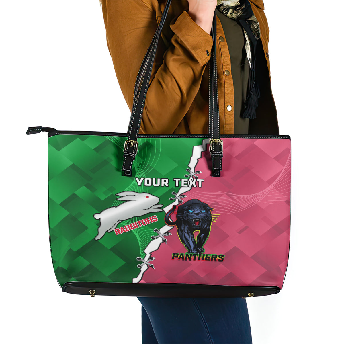 Personalised Panthers And Rabbitohs Rugby Leather Tote Bag 2024 Souths The Riff Together