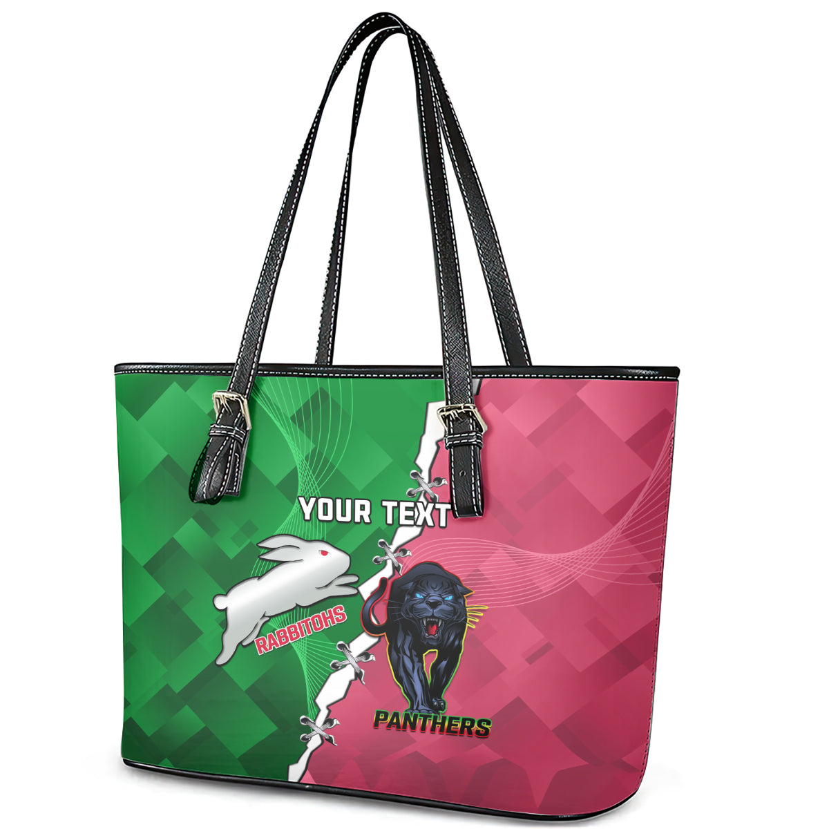 Personalised Panthers And Rabbitohs Rugby Leather Tote Bag 2024 Souths The Riff Together