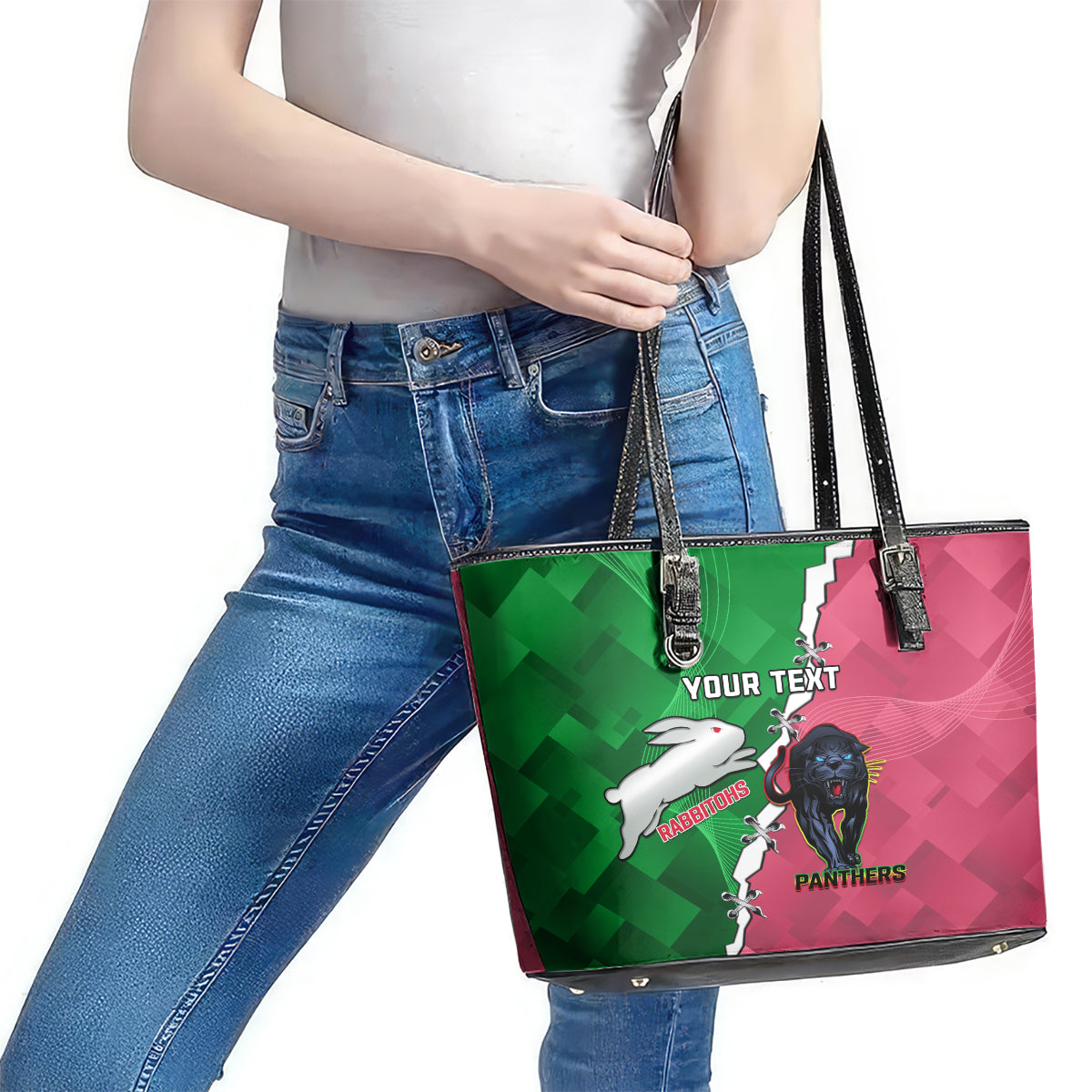 Personalised Panthers And Rabbitohs Rugby Leather Tote Bag 2024 Souths The Riff Together