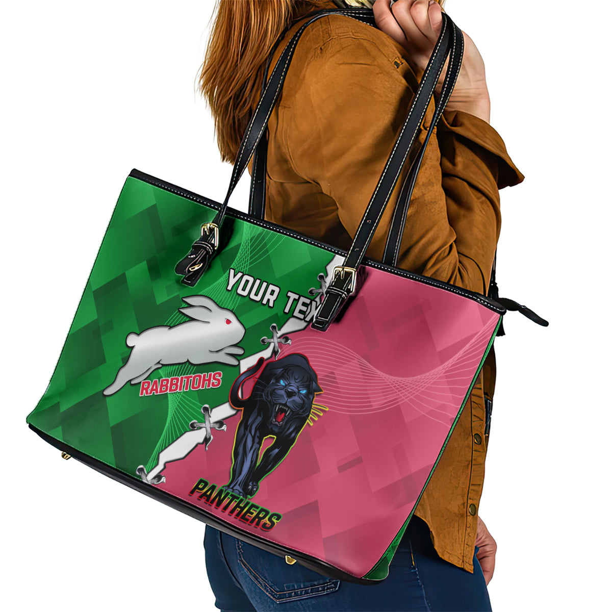 Personalised Panthers And Rabbitohs Rugby Leather Tote Bag 2024 Souths The Riff Together