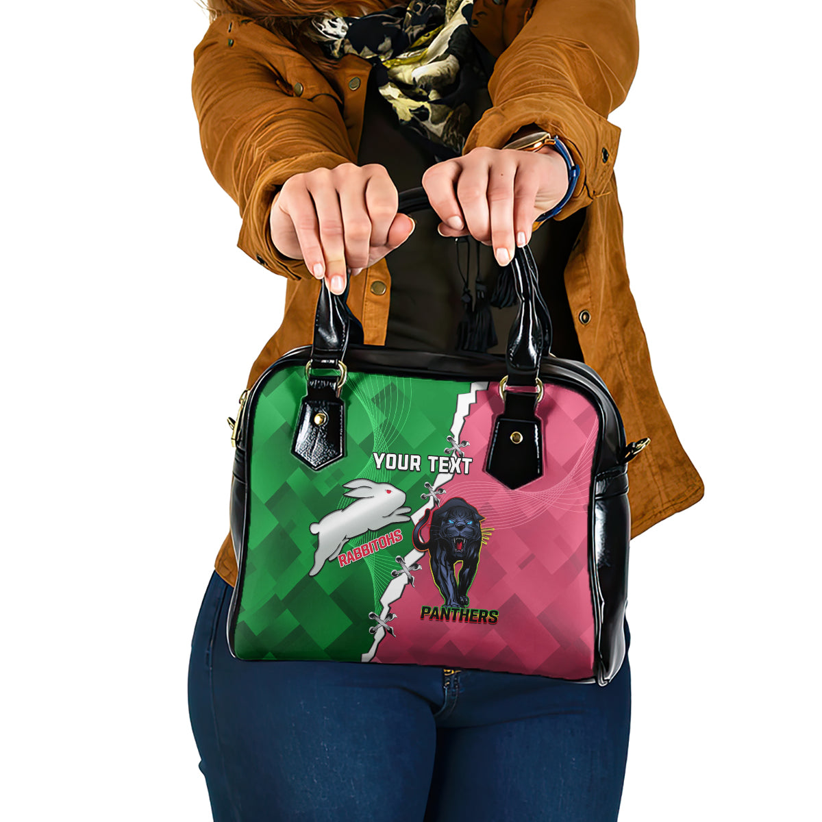 Personalised Panthers And Rabbitohs Rugby Shoulder Handbag 2024 Souths The Riff Together