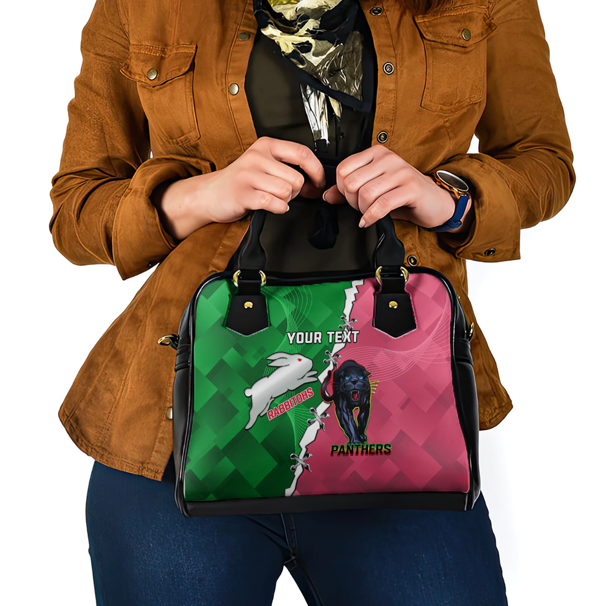 Personalised Panthers And Rabbitohs Rugby Shoulder Handbag 2024 Souths The Riff Together