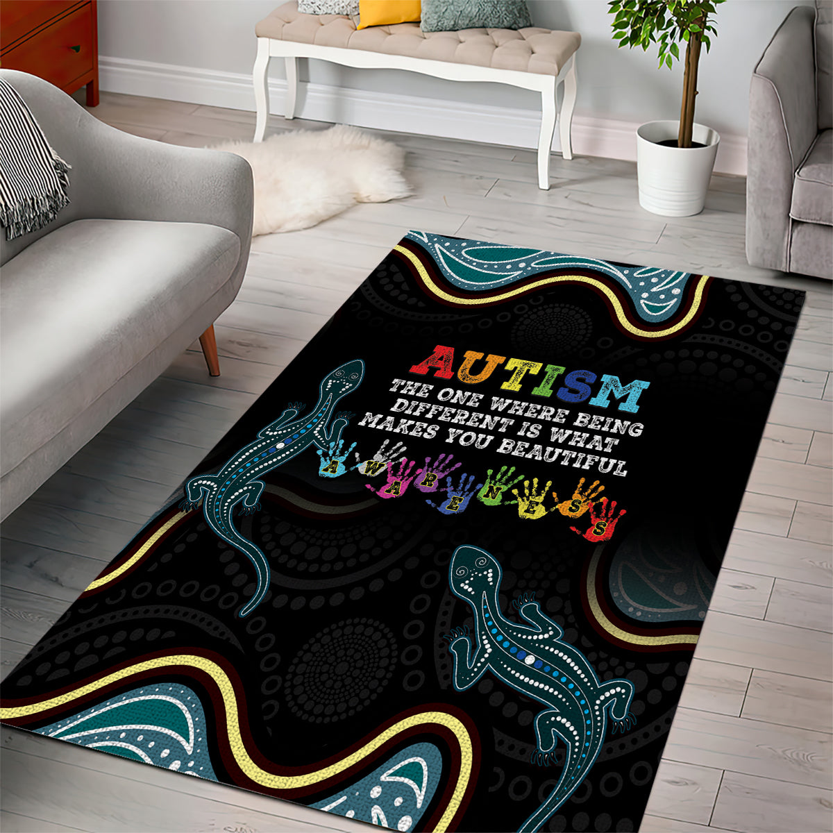 Australia Autism Awareness 4 April Aboriginal Lizard Area Rug