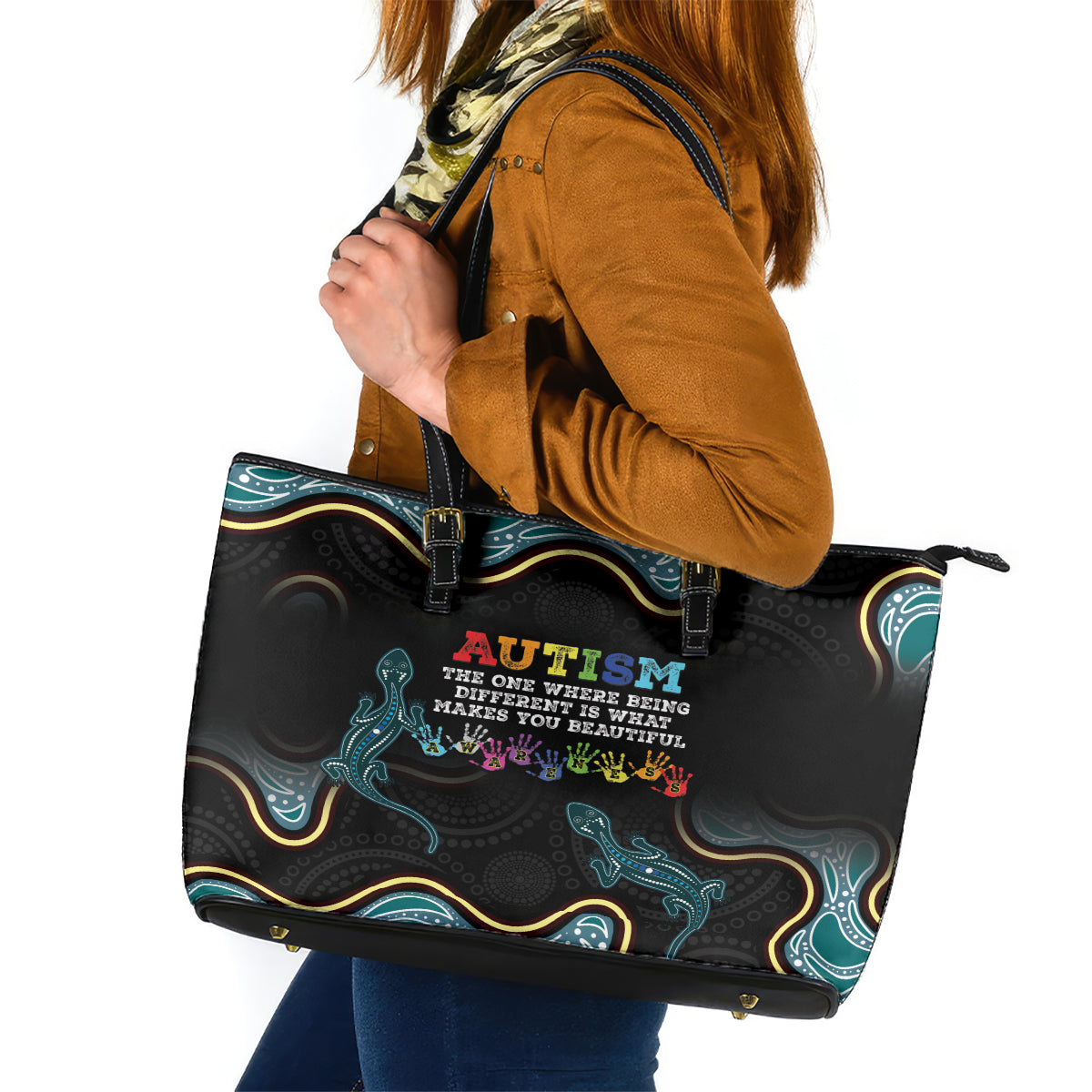 Australia Autism Awareness 4 April Aboriginal Lizard Leather Tote Bag