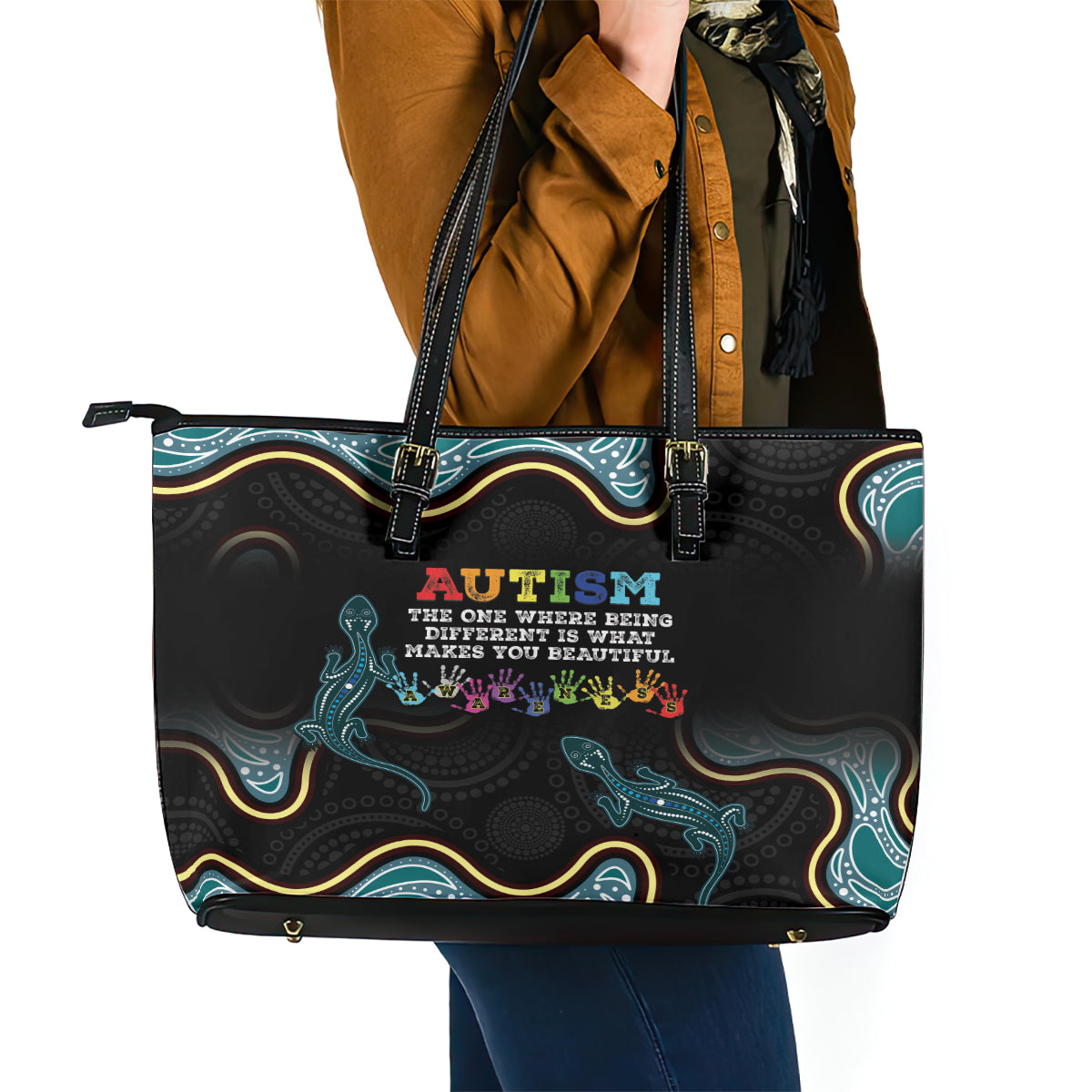 Australia Autism Awareness 4 April Aboriginal Lizard Leather Tote Bag