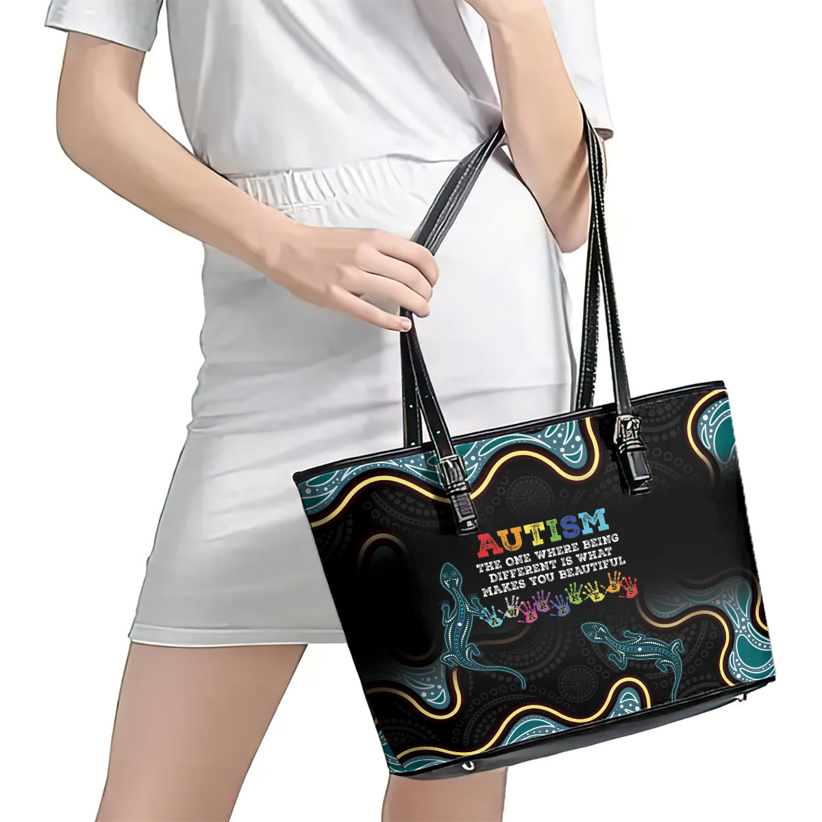 Australia Autism Awareness 4 April Aboriginal Lizard Leather Tote Bag