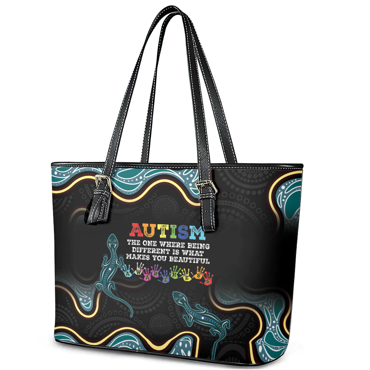 Australia Autism Awareness 4 April Aboriginal Lizard Leather Tote Bag