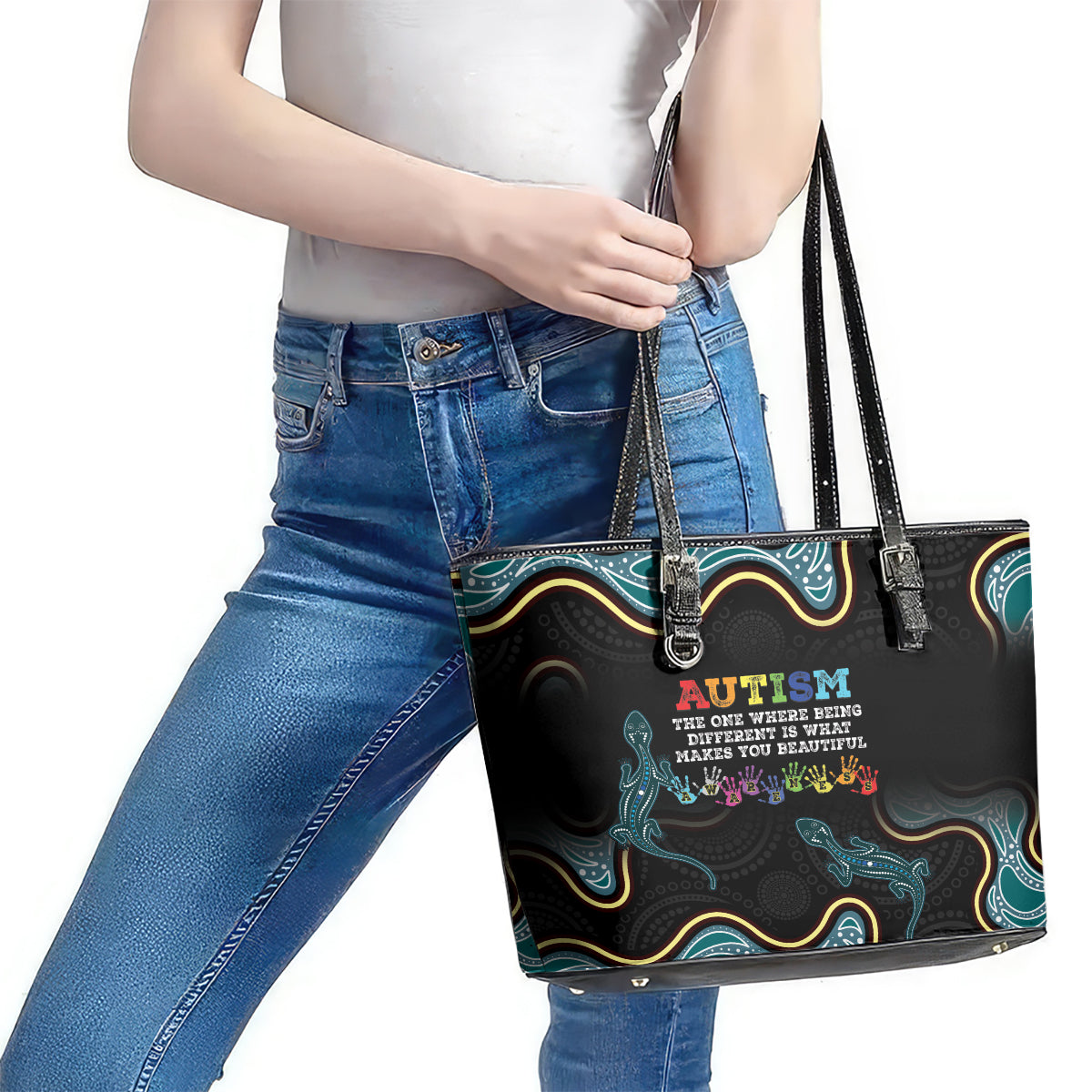 Australia Autism Awareness 4 April Aboriginal Lizard Leather Tote Bag