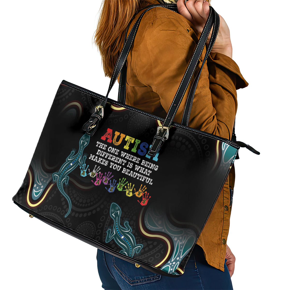 Australia Autism Awareness 4 April Aboriginal Lizard Leather Tote Bag