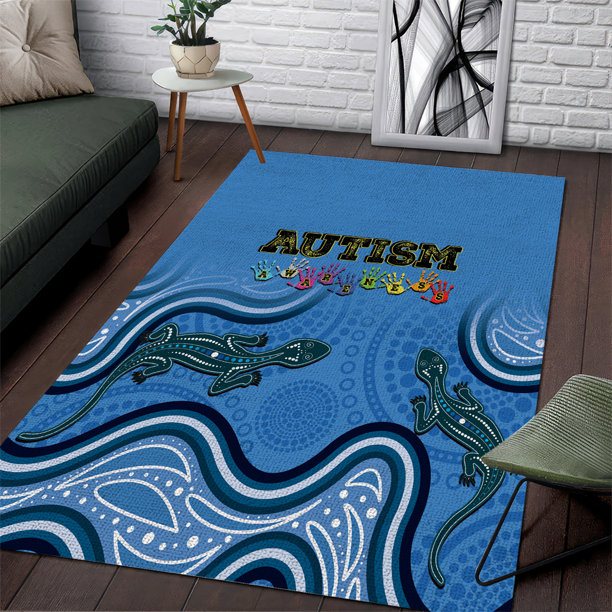 Australia Autism Awareness Area Rug In April We Wear Blue Aboriginal Lizard