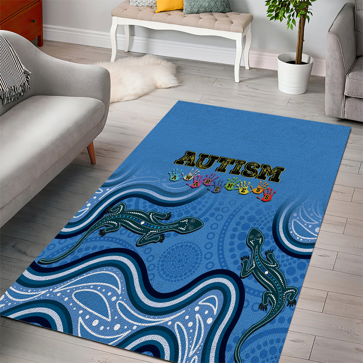 Australia Autism Awareness Area Rug In April We Wear Blue Aboriginal Lizard