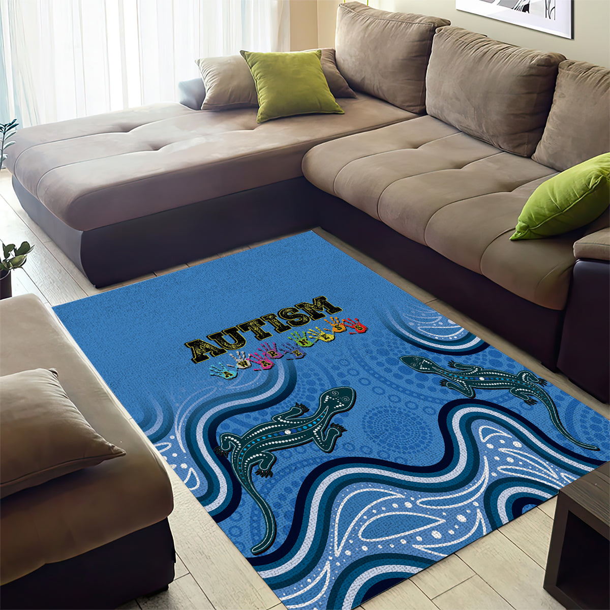 Australia Autism Awareness Area Rug In April We Wear Blue Aboriginal Lizard