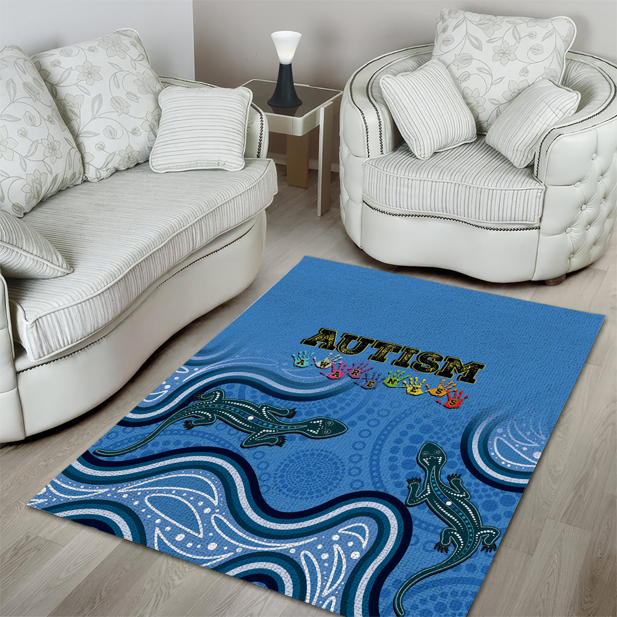 Australia Autism Awareness Area Rug In April We Wear Blue Aboriginal Lizard