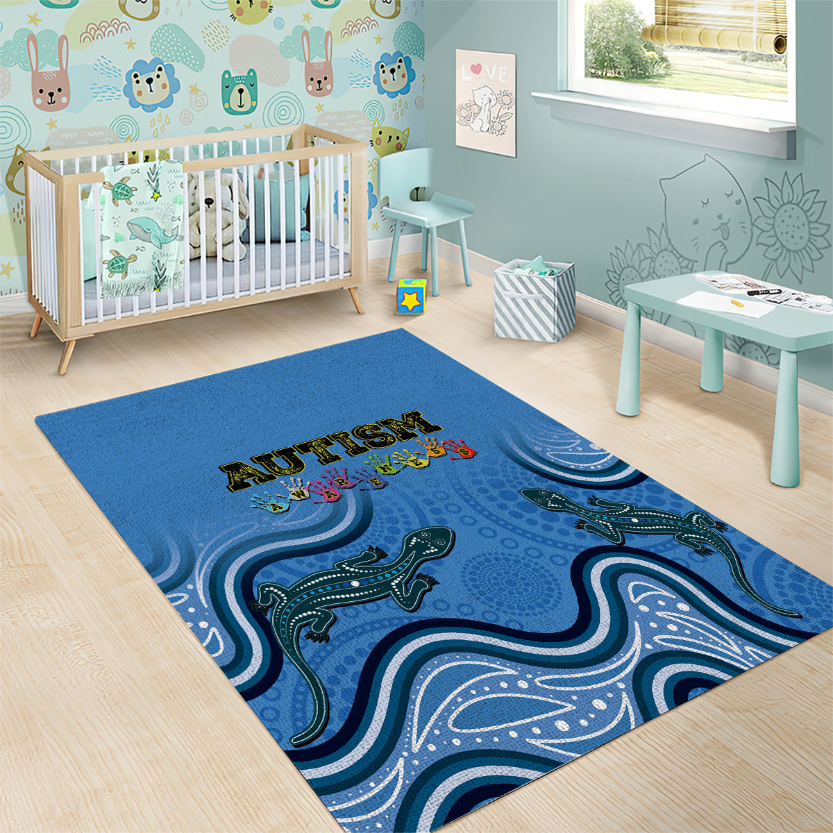 Australia Autism Awareness Area Rug In April We Wear Blue Aboriginal Lizard