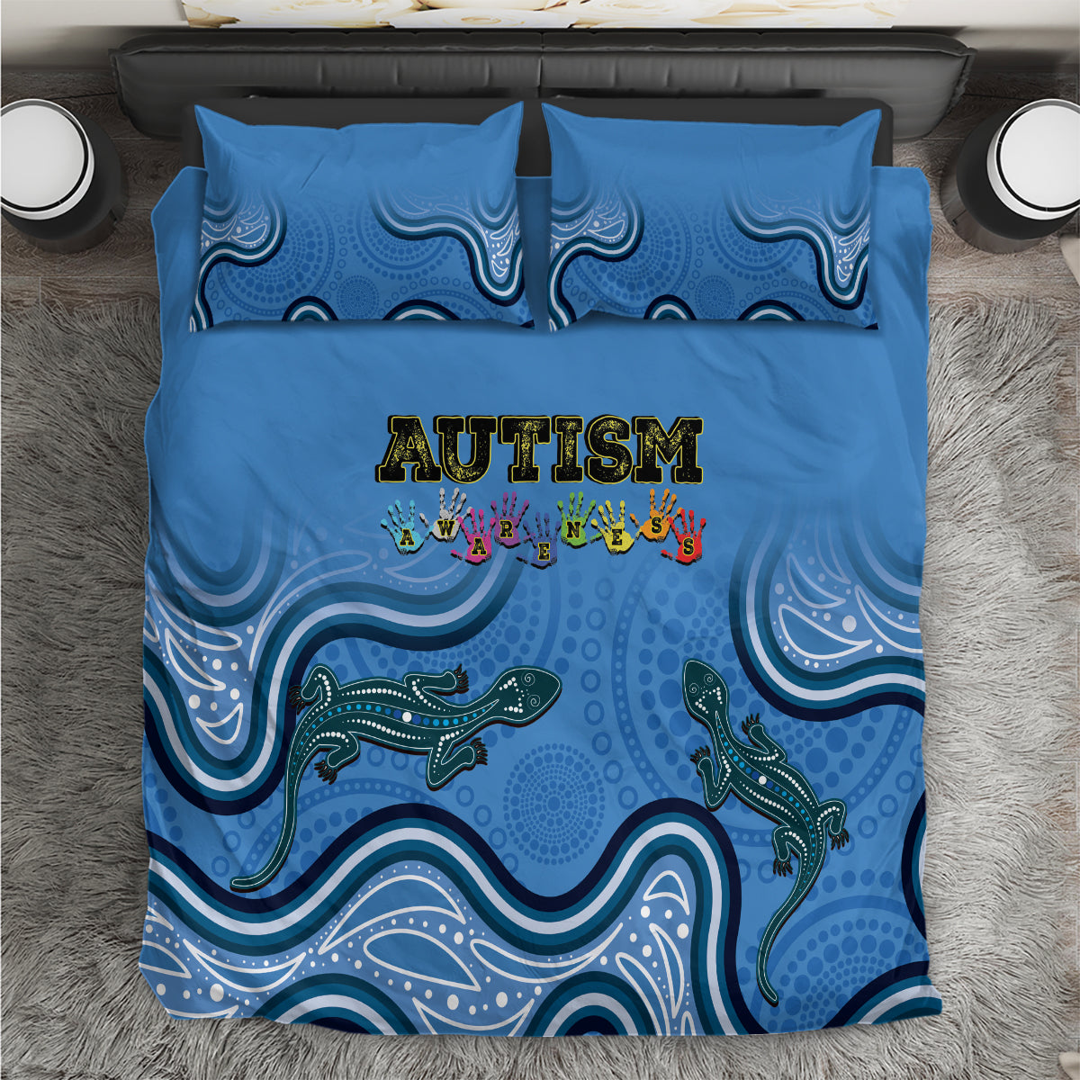 Australia Autism Awareness Bedding Set In April We Wear Blue Aboriginal Lizard