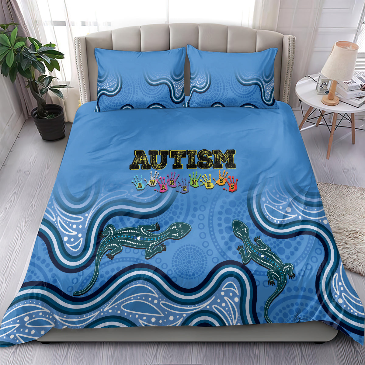 Australia Autism Awareness Bedding Set In April We Wear Blue Aboriginal Lizard