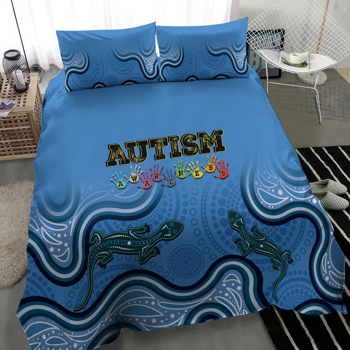 Australia Autism Awareness Bedding Set In April We Wear Blue Aboriginal Lizard