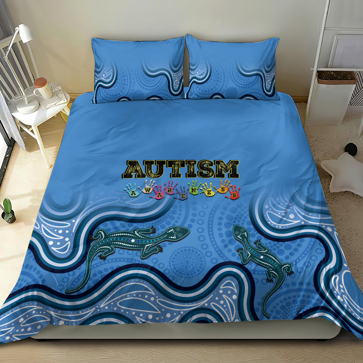 Australia Autism Awareness Bedding Set In April We Wear Blue Aboriginal Lizard