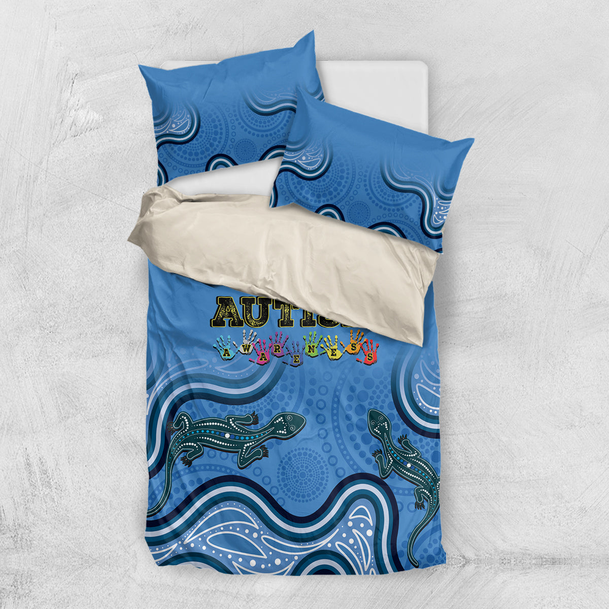 Australia Autism Awareness Bedding Set In April We Wear Blue Aboriginal Lizard