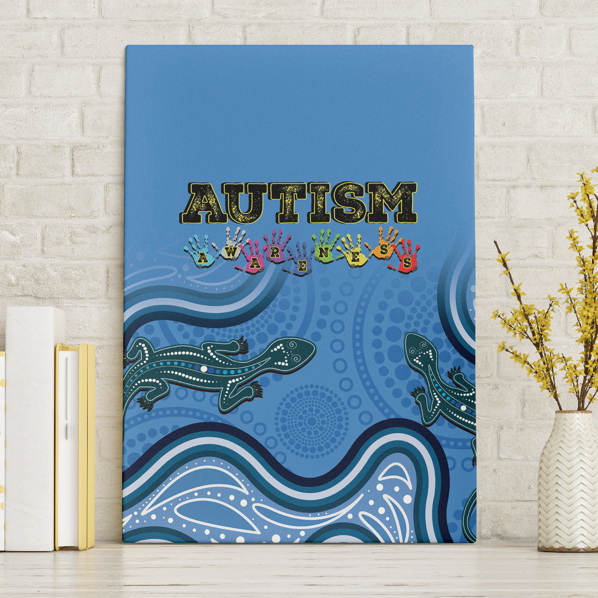 Australia Autism Awareness Canvas Wall Art In April We Wear Blue Aboriginal Lizard