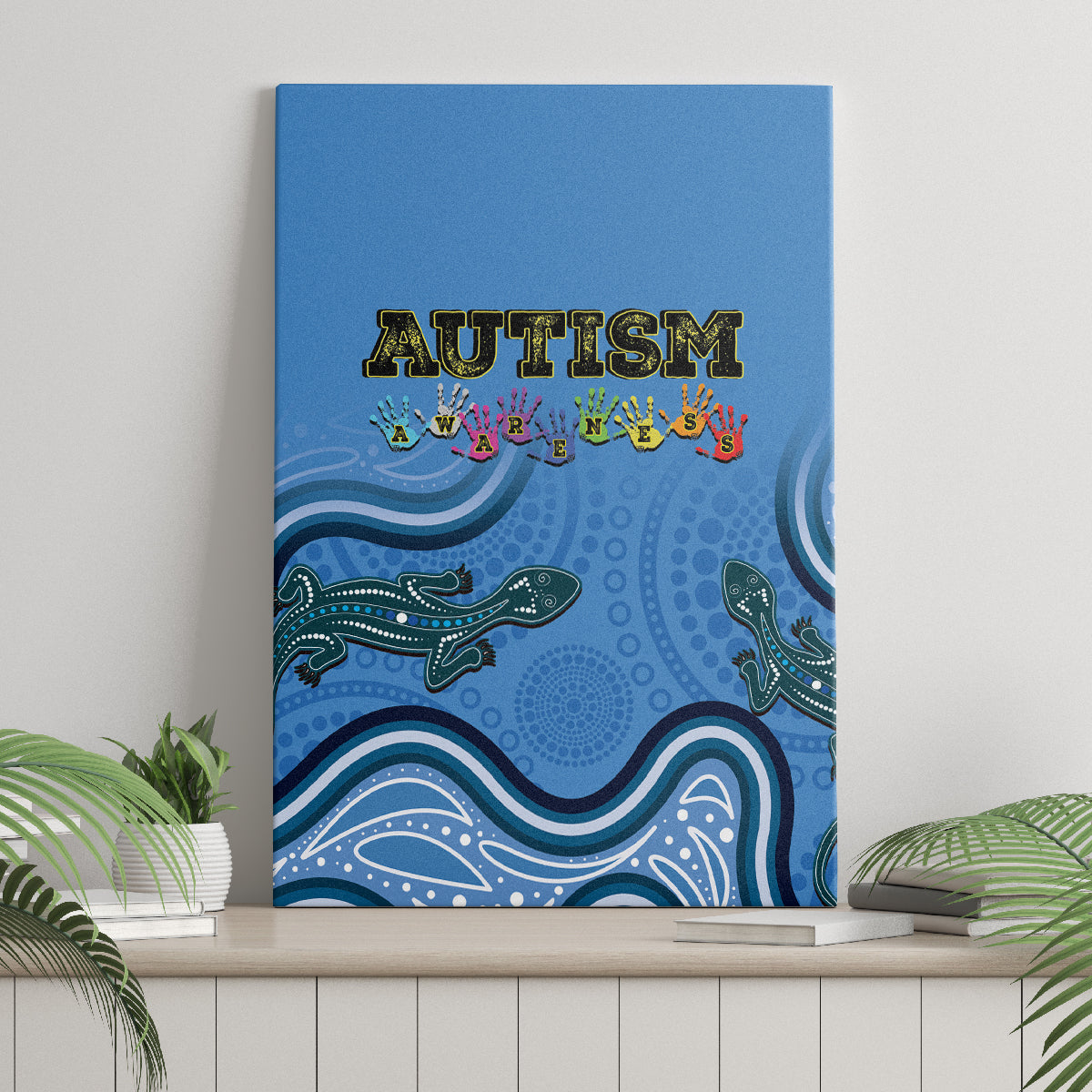 Australia Autism Awareness Canvas Wall Art In April We Wear Blue Aboriginal Lizard