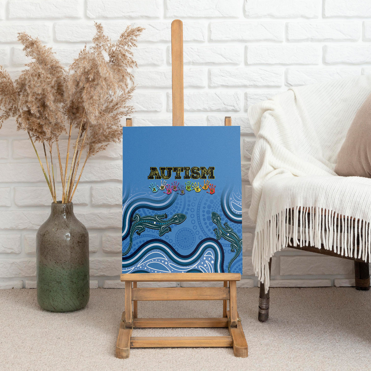 Australia Autism Awareness Canvas Wall Art In April We Wear Blue Aboriginal Lizard