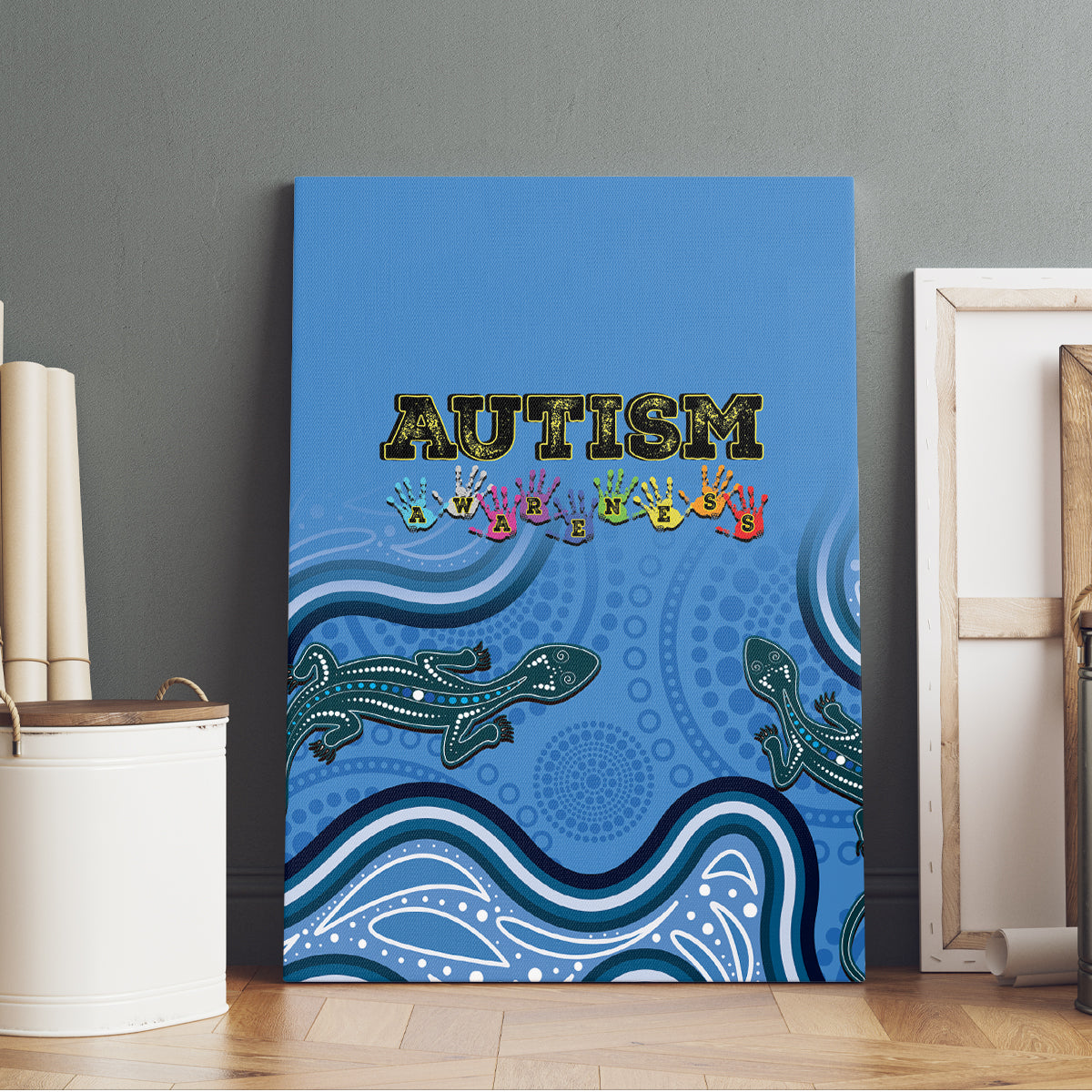 Australia Autism Awareness Canvas Wall Art In April We Wear Blue Aboriginal Lizard