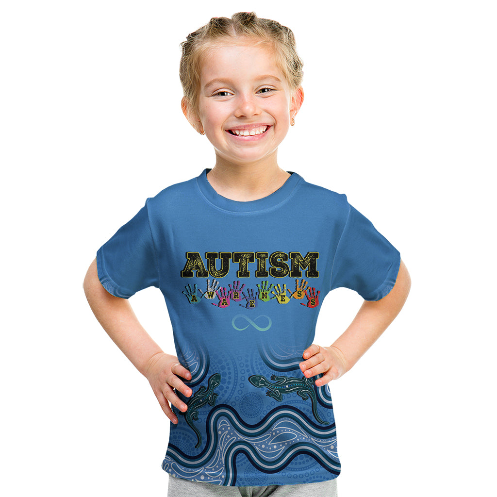 Australia Autism Awareness Kid T Shirt In April We Wear Blue Aboriginal Lizard