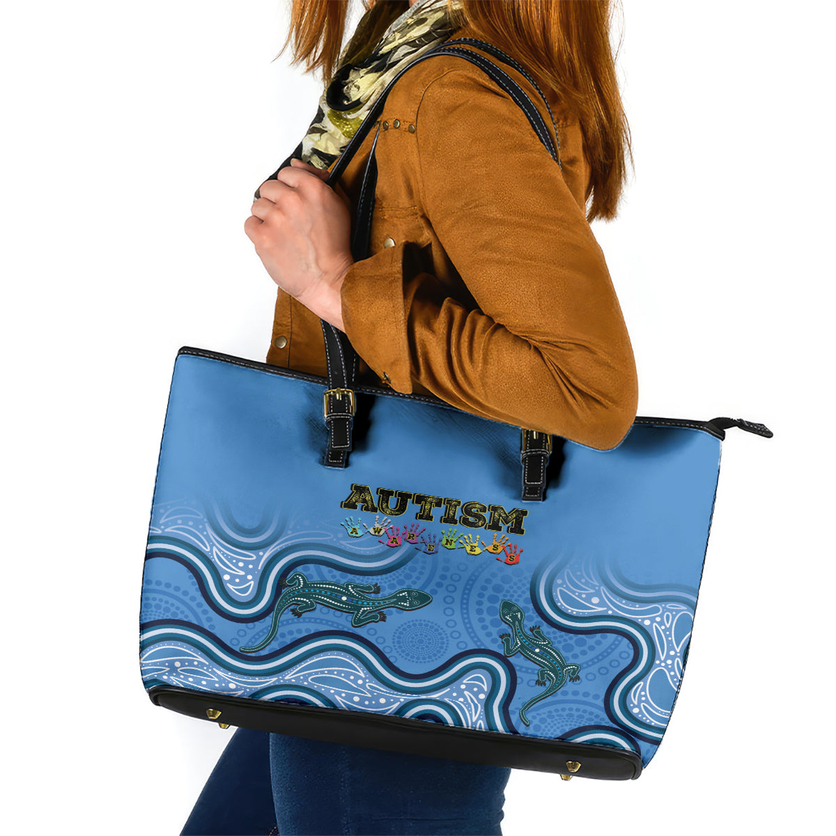 Australia Autism Awareness Leather Tote Bag In April We Wear Blue Aboriginal Lizard