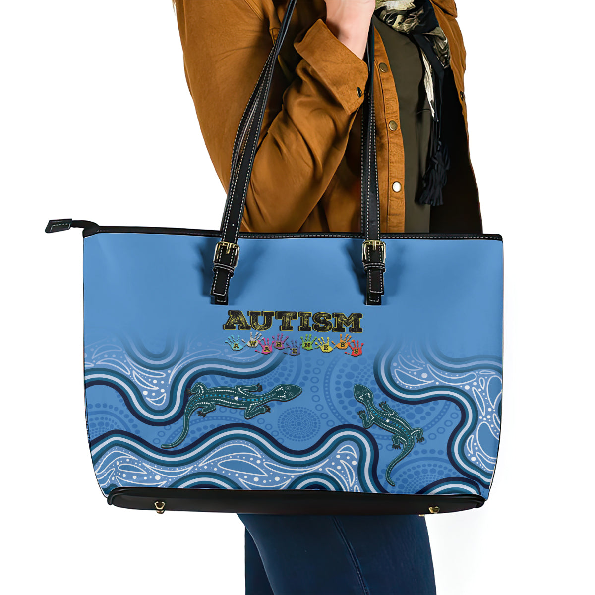 Australia Autism Awareness Leather Tote Bag In April We Wear Blue Aboriginal Lizard