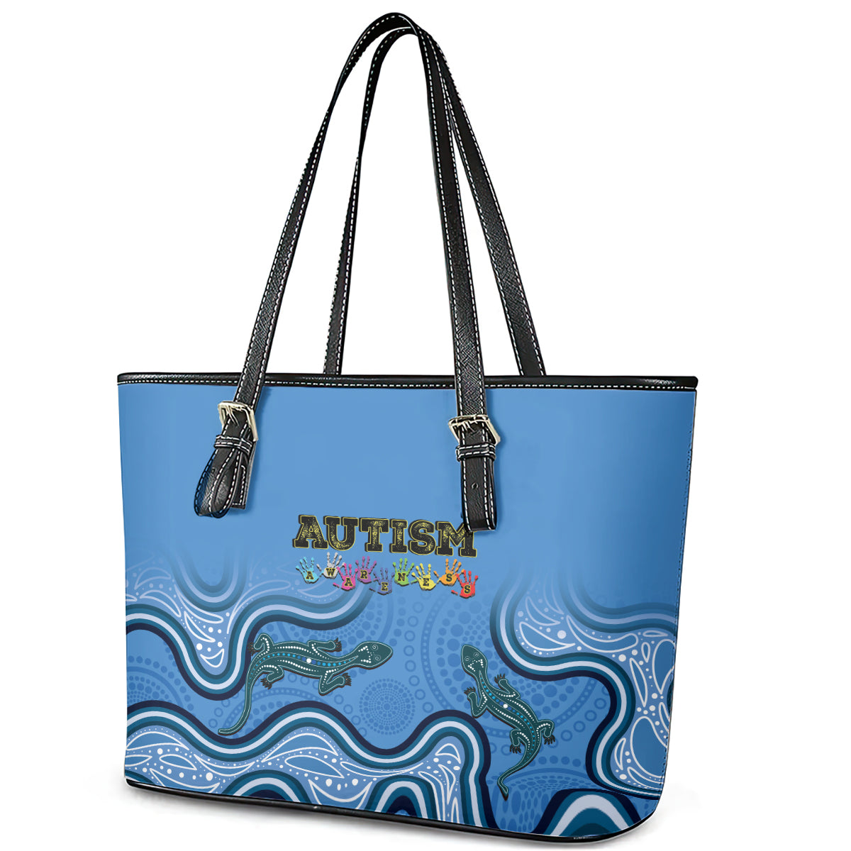 Australia Autism Awareness Leather Tote Bag In April We Wear Blue Aboriginal Lizard