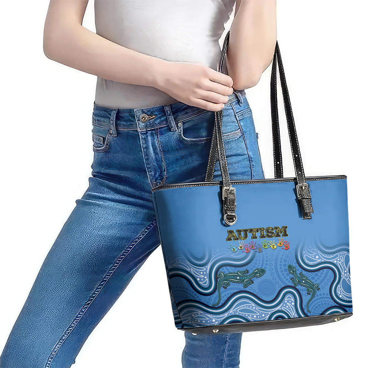 Australia Autism Awareness Leather Tote Bag In April We Wear Blue Aboriginal Lizard