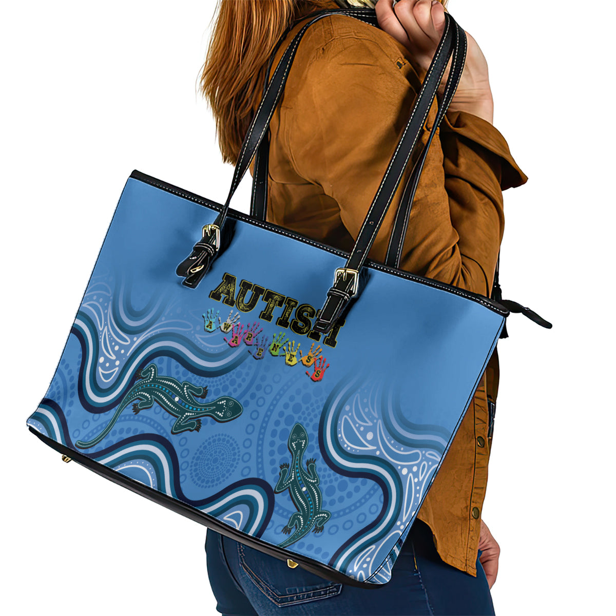 Australia Autism Awareness Leather Tote Bag In April We Wear Blue Aboriginal Lizard