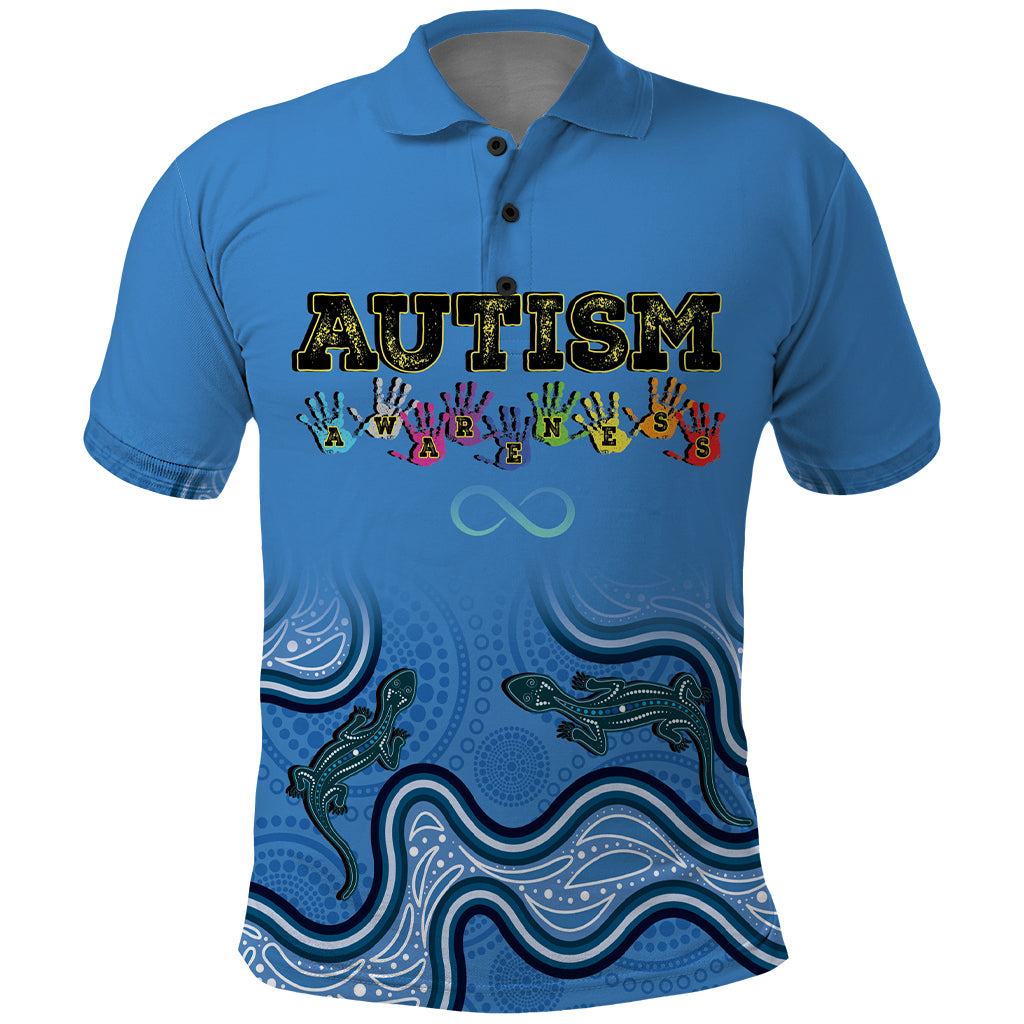 Australia Autism Awareness Polo Shirt In April We Wear Blue Aboriginal Lizard